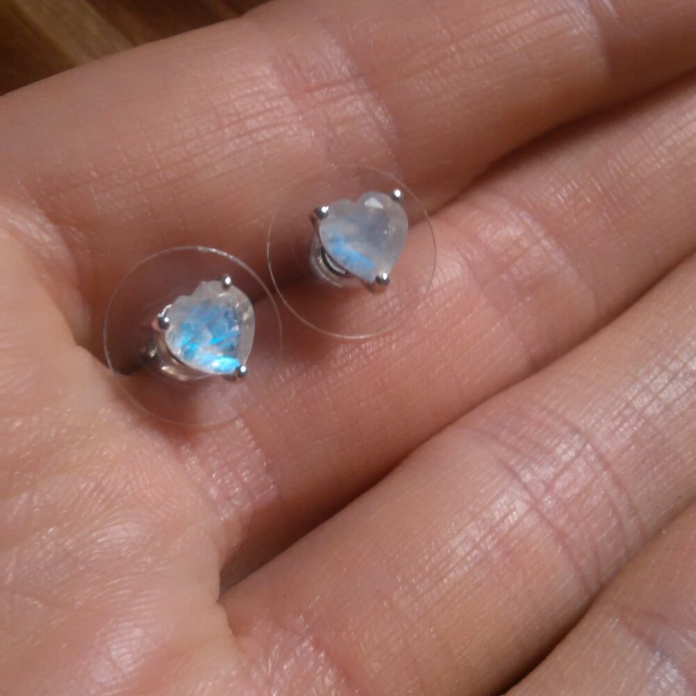 Moon Glow Moonstone Sterling Silver Heartlight Glow Heart Stud Earrings - Picture 8 of 11